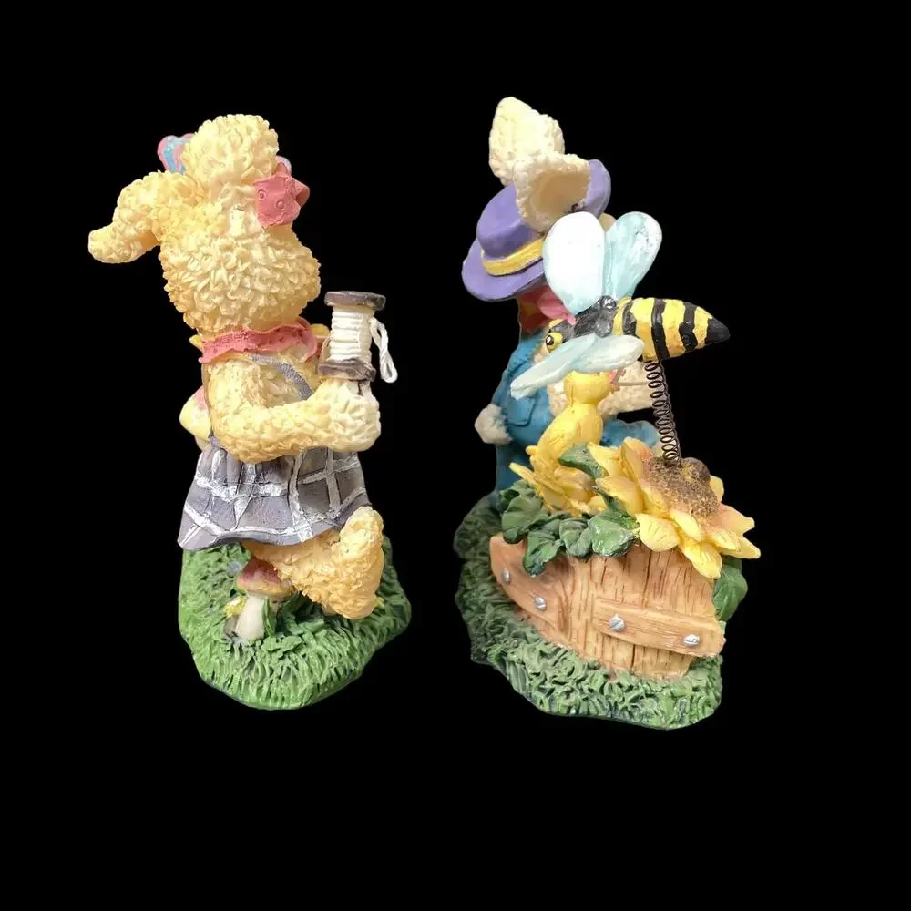 Resin Bunny Rabbit Pair with Bumblebee & Butterfly on Spring Vintage Decor